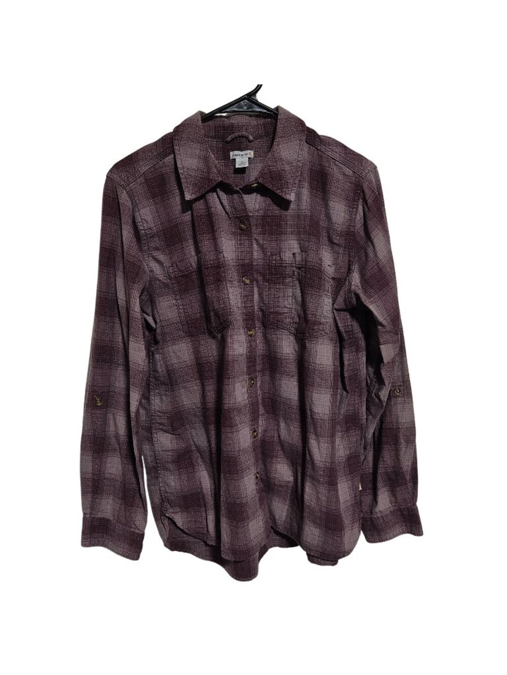 Carhartt Plaid Button Up Shirt Womens Size Large Purple Roll Tab Sleeve